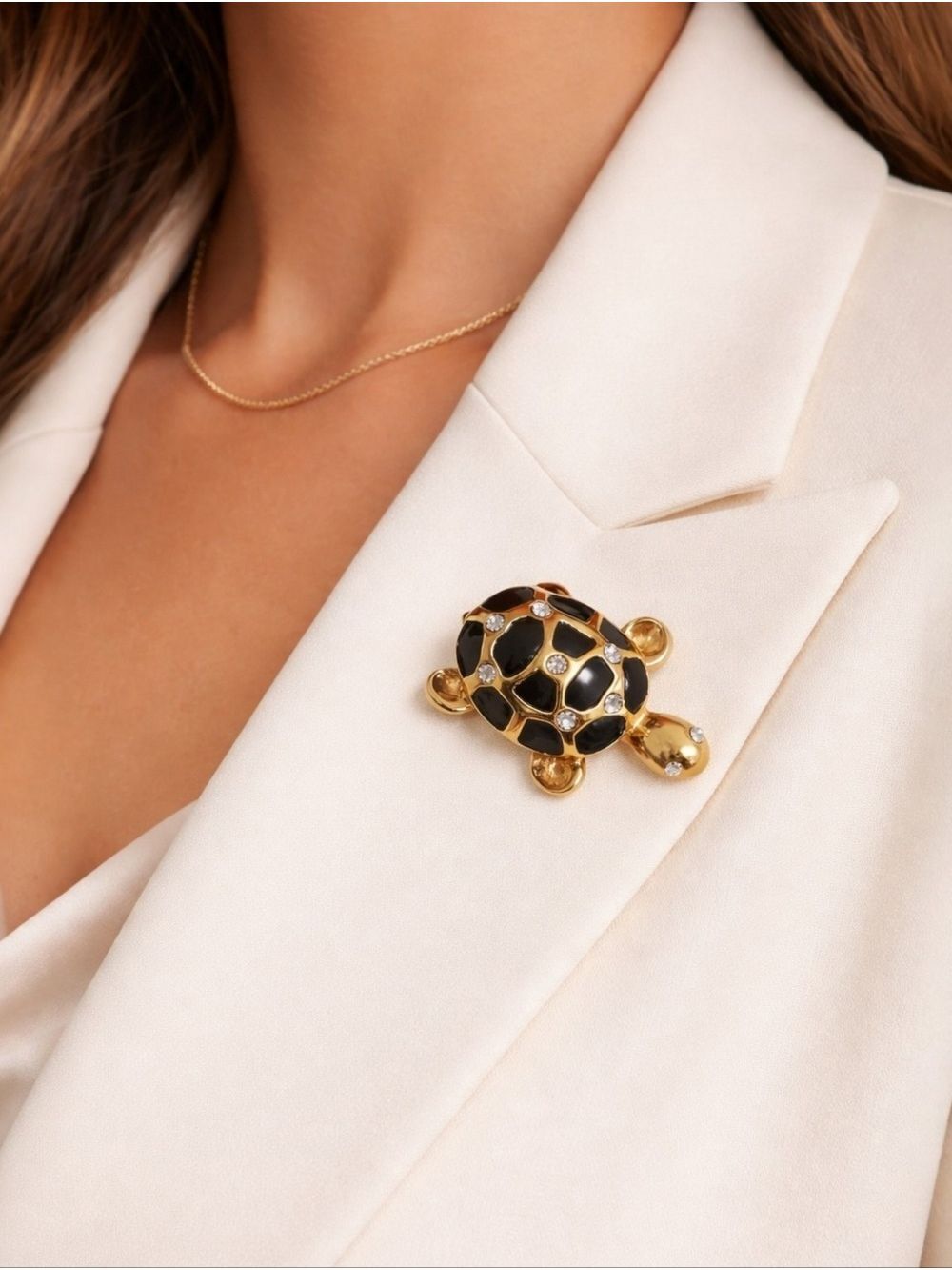 Vintage Gold Tone Turtle Brooch Black Enamel Rhinestone Accent Pin